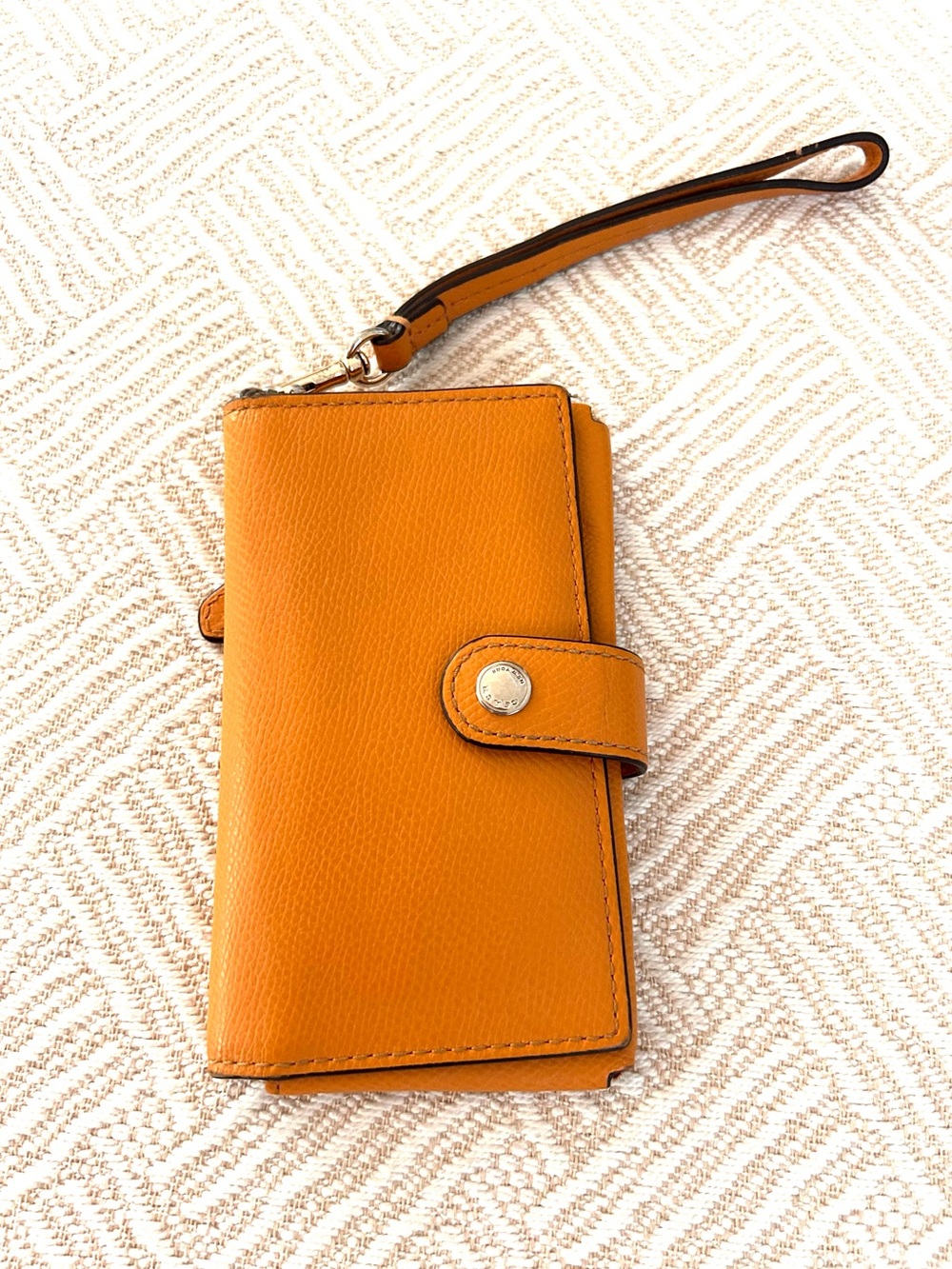 Coach wristlet wallet with snap closure. Yellow/orange pebbled leather. EUC - Picture 1 of 9